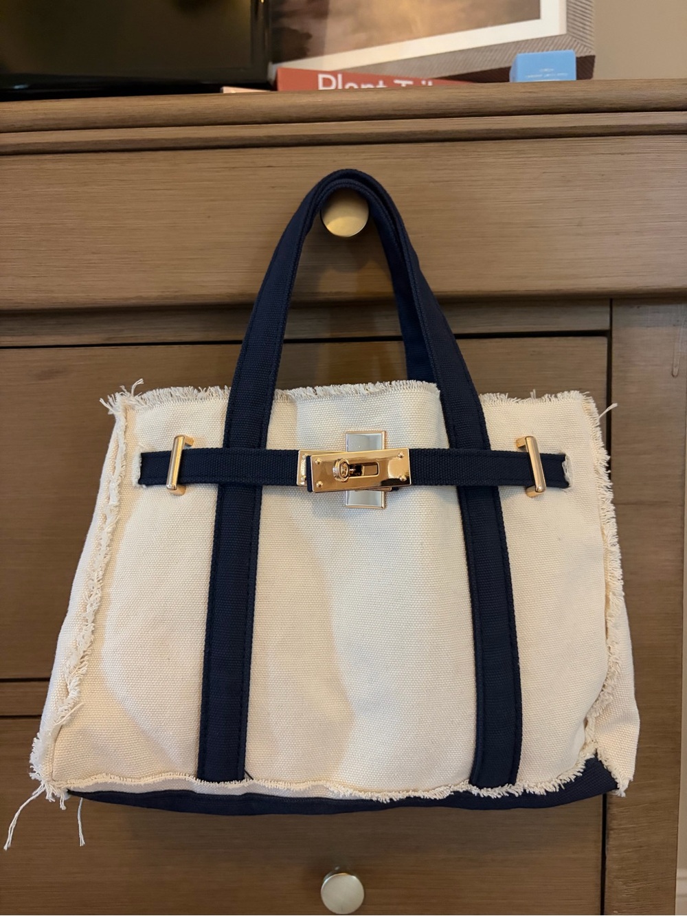 NWT New Navy Blue Boat Tote Canvas Boatkin Bag Gold Buckle Hardware